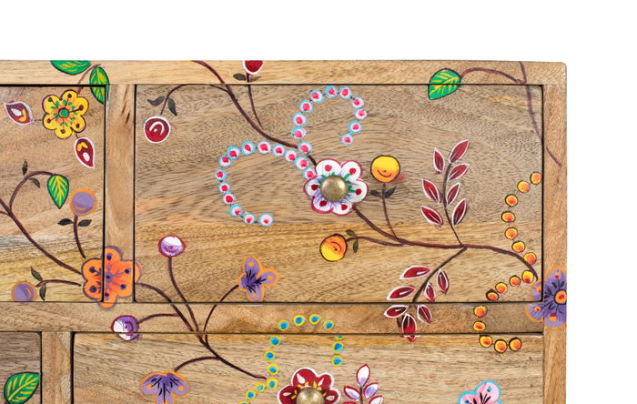 GINER Y COLOMER Commode en bois de manguier massif avec 10 tiroirs de différentes tailles et décoration de fleurs peintes à la main - Couleur naturel